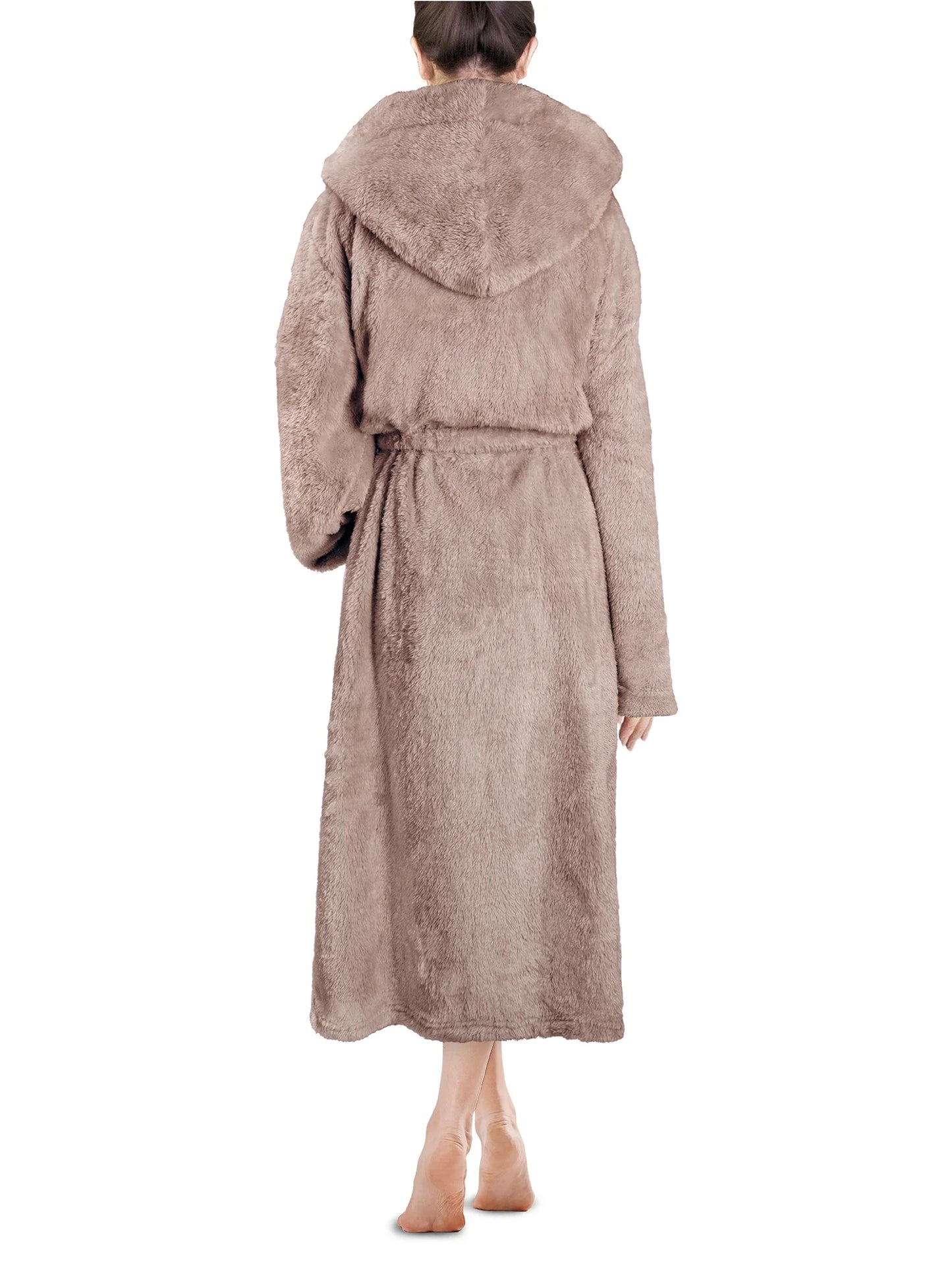 Women Hooded Plush Soft Robe | Fluffy Warm Fleece Sherpa Shaggy Bathrobe (S/M, Taupe)