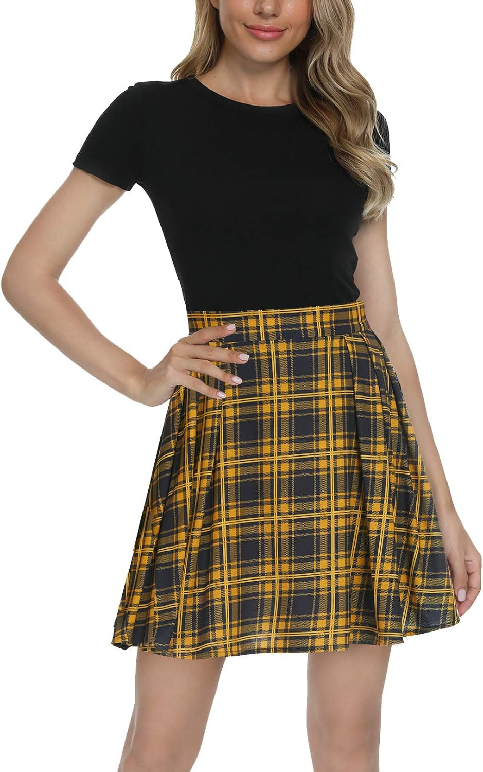 Women Plaid Pleated Mini Skater Skirt High Waisted School Skirt