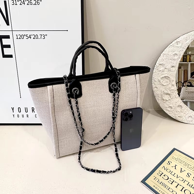 New Fashion Simple Canvas Material Chain Bag Large Capacity Chain Zipper Women'S Shoulder Bag Tote Bag for Commuter Shopping