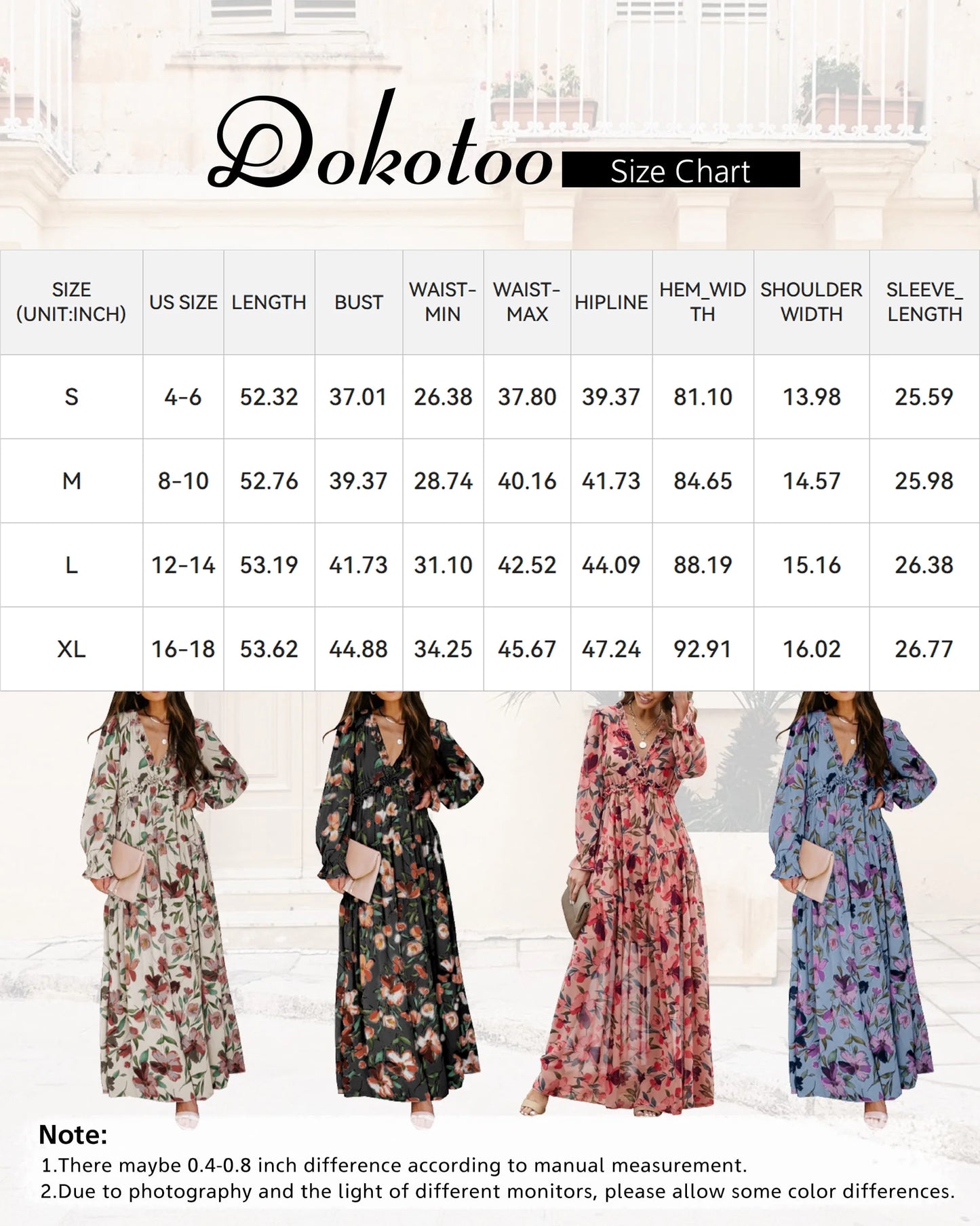 Women'S Apricot Floral Maxi Dresses Casual Deep V Neck Long Sleeve Evening Dress Cocktail Party Dress for Women, US 12-14(L)