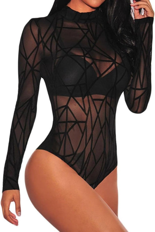 Women Sexy Sheer Floral Lace Bodysuit Long Sleeve Teddy Lingerie