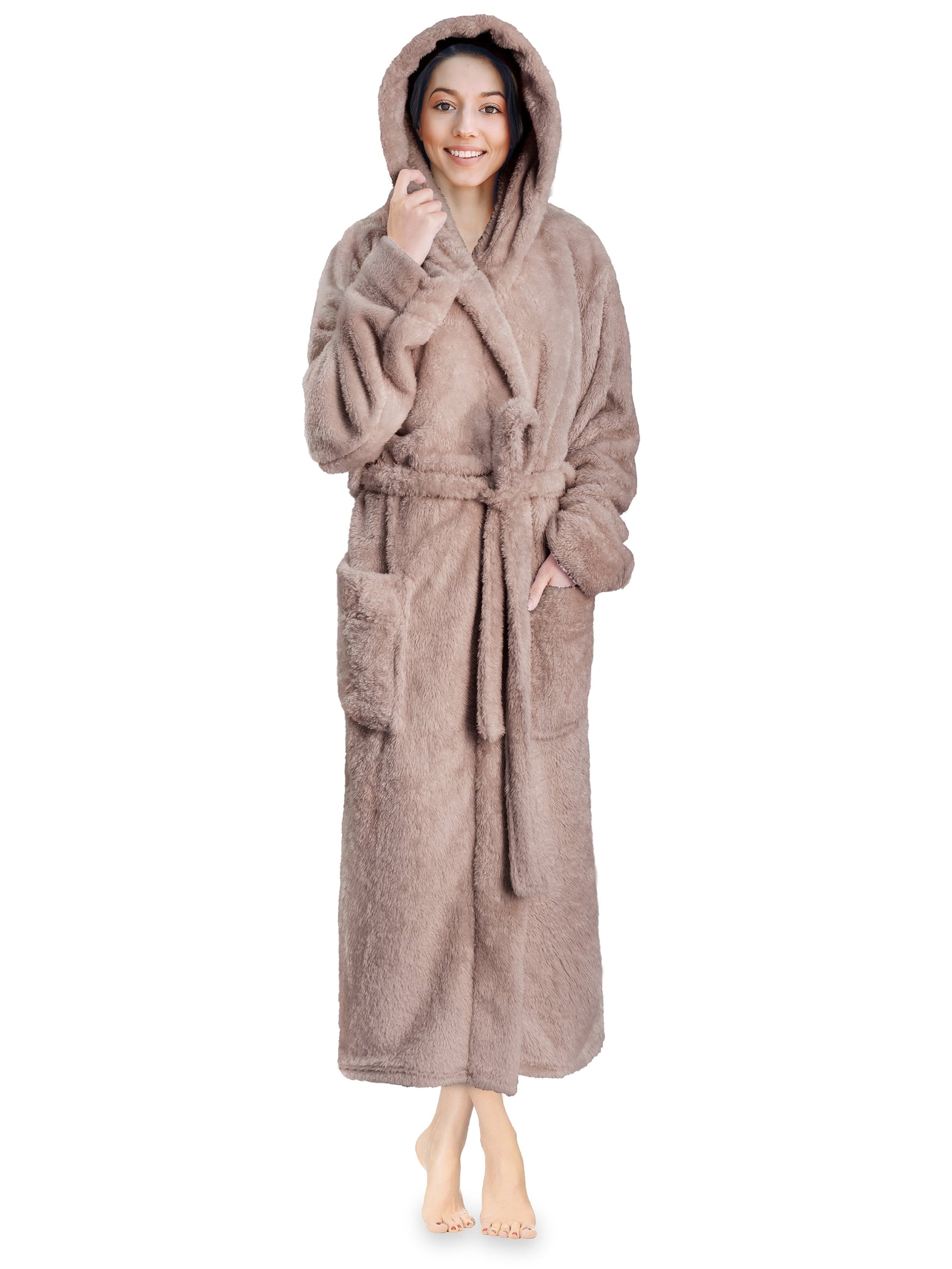 Women Hooded Plush Soft Robe | Fluffy Warm Fleece Sherpa Shaggy Bathrobe (S/M, Taupe)