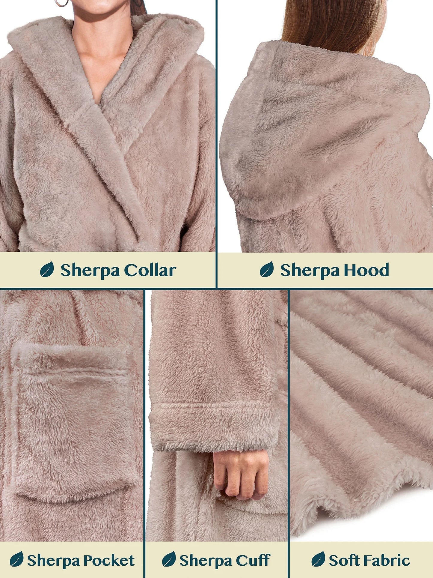 Women Hooded Plush Soft Robe | Fluffy Warm Fleece Sherpa Shaggy Bathrobe (S/M, Taupe)